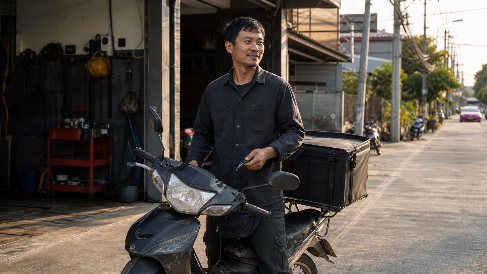 ผู้ขับขี่ชาวไทยเตรียมมอเตอร์ไซค์สำหรับออกทำงาน